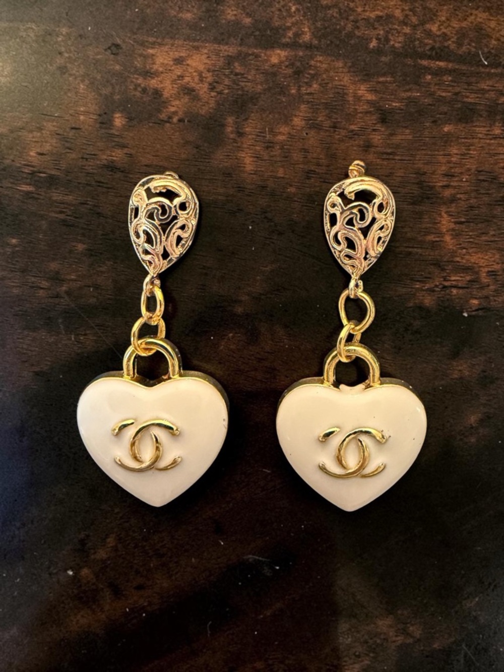 CHANEL UPCYCLE Gold-Tone and Cream Heart Drop Earrings (made from zipper pull)